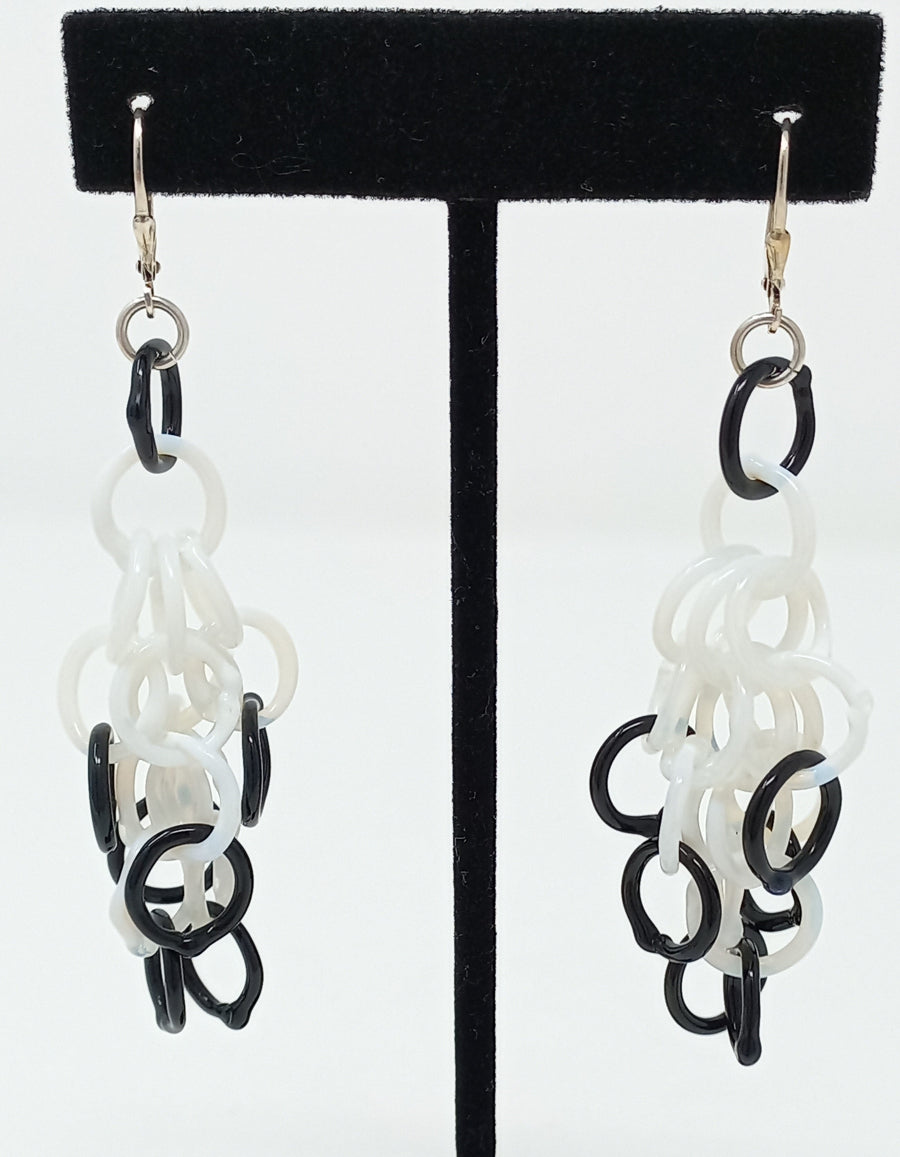 Large Black/White Tonal Glass Tassel Earrings by Inna Patina
