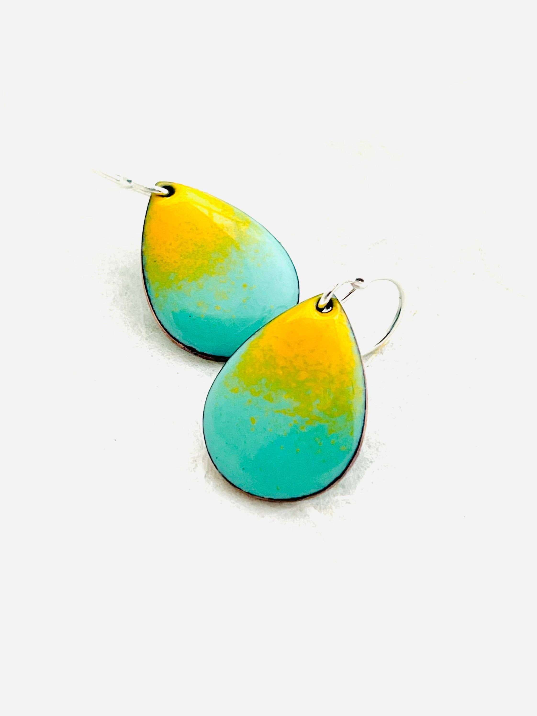 Mint Green & Yellow Small Enamel Teardrop Earrings