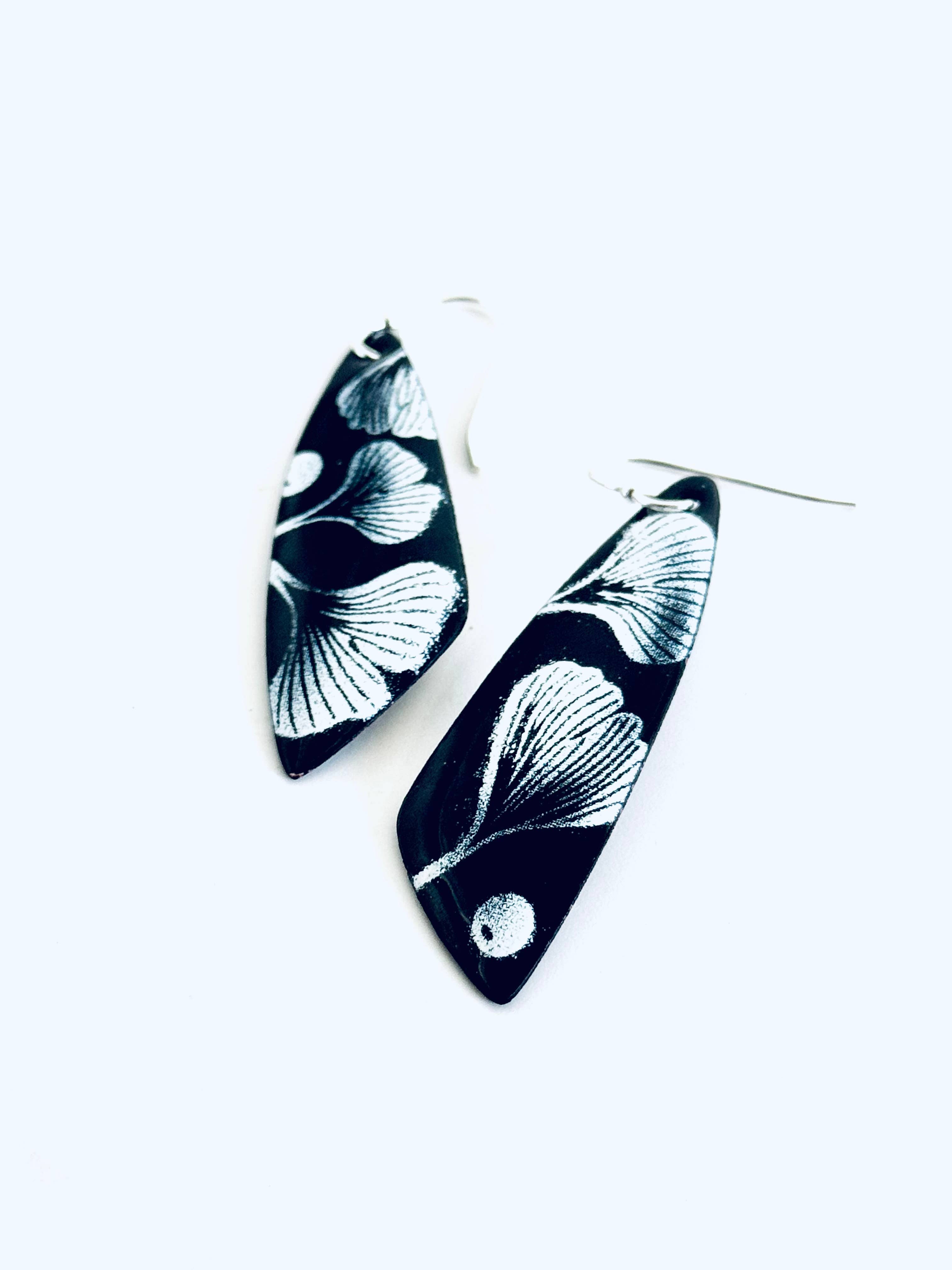 Black and White Ginkgo Leaf Earrings