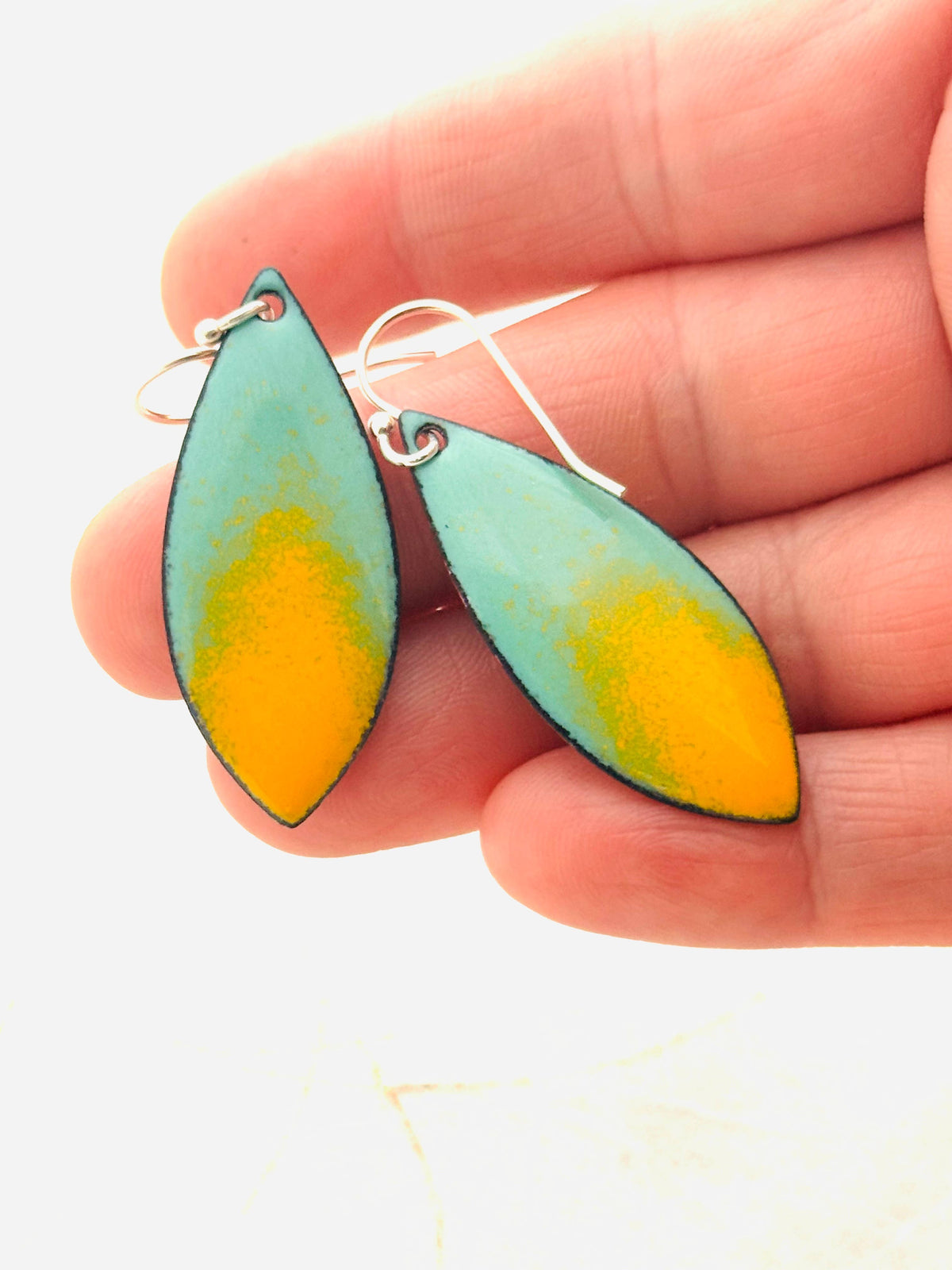Color Splash Earrings, Mint Green & Goldenrod Yellow Enamel