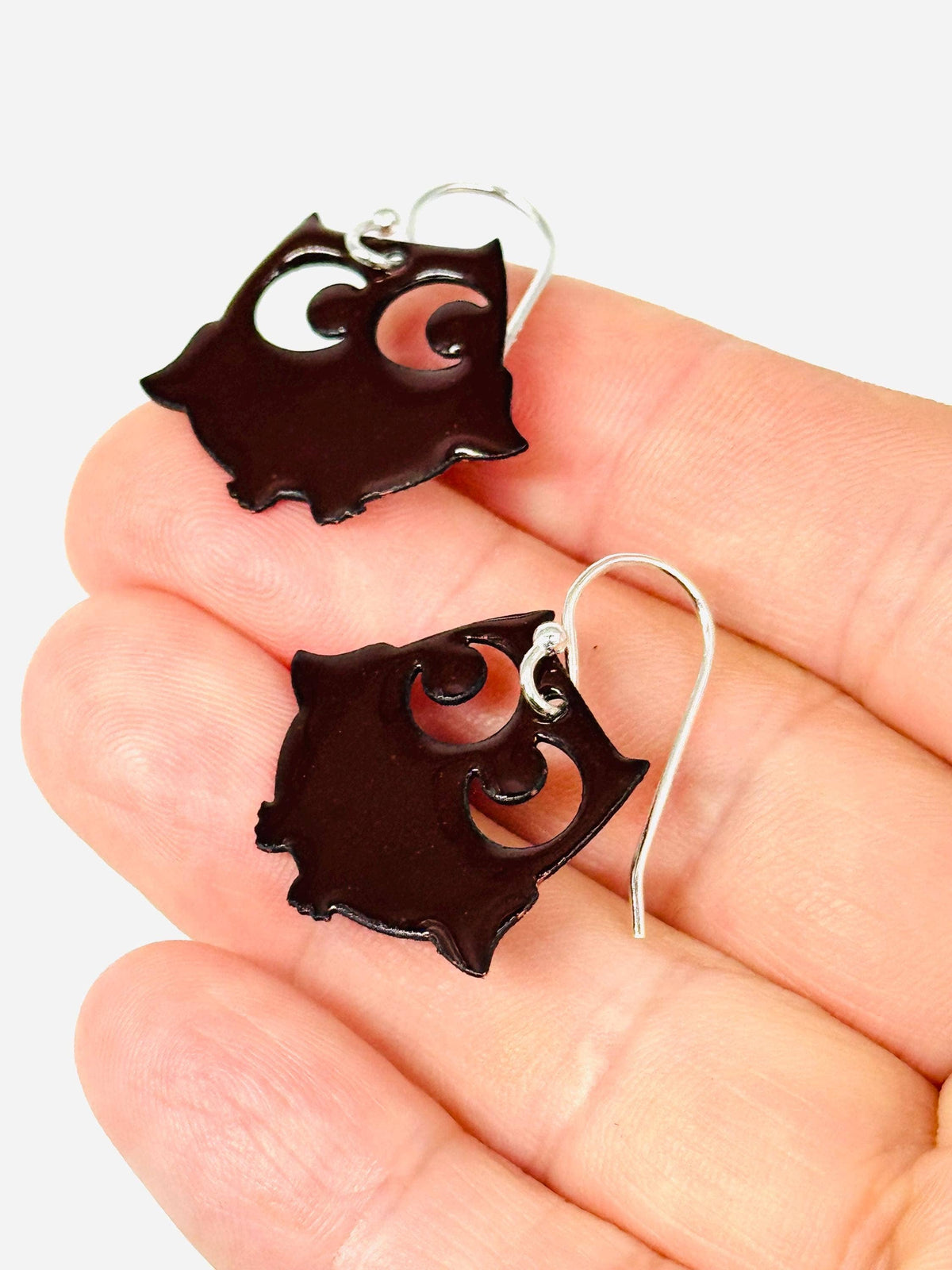 Mocha Brown Enamel Owl Earrings, Sterling Silver E