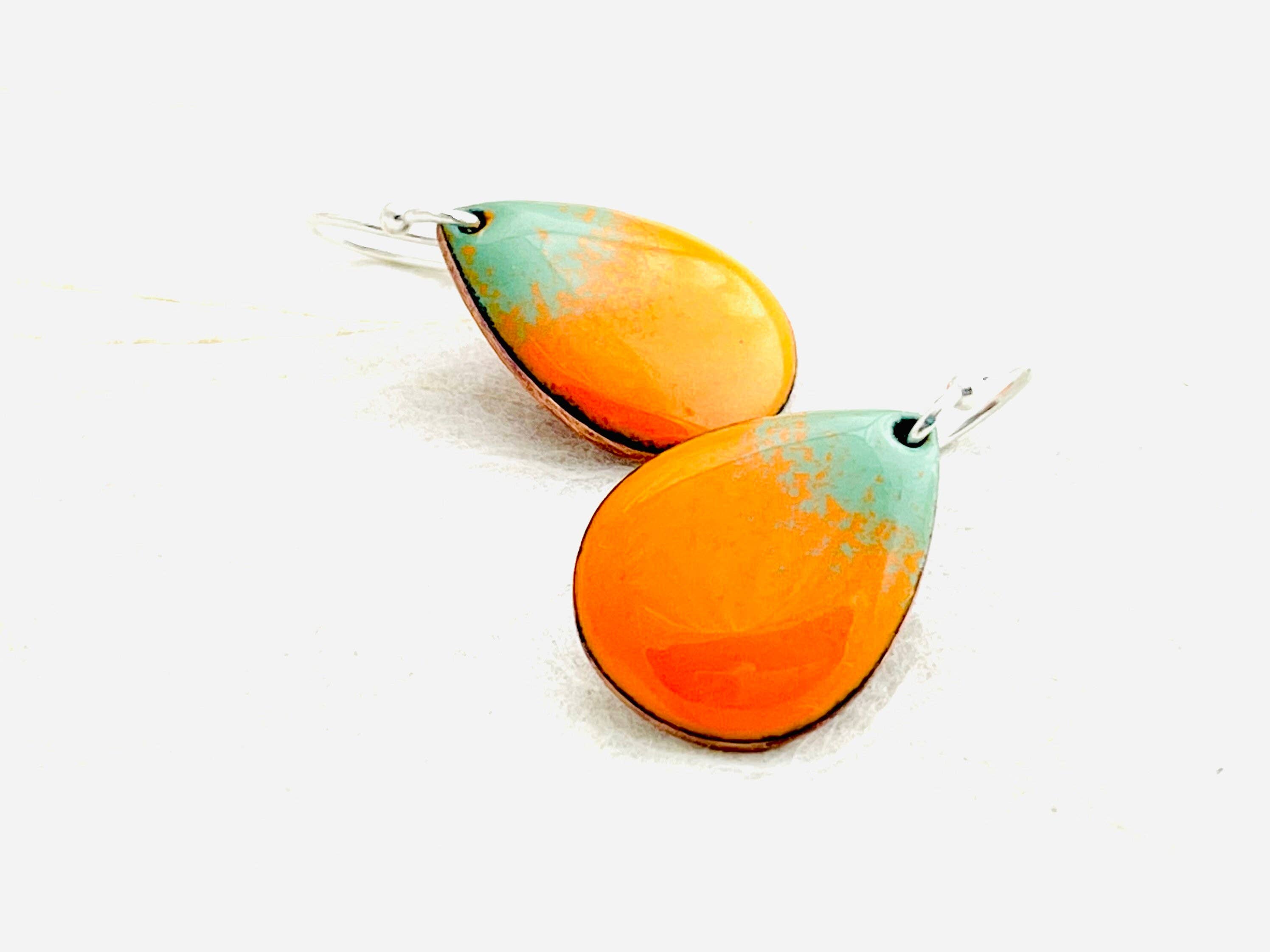 Small Teardrop Pumpkin Earrings, Pumpkin Orange Enamel