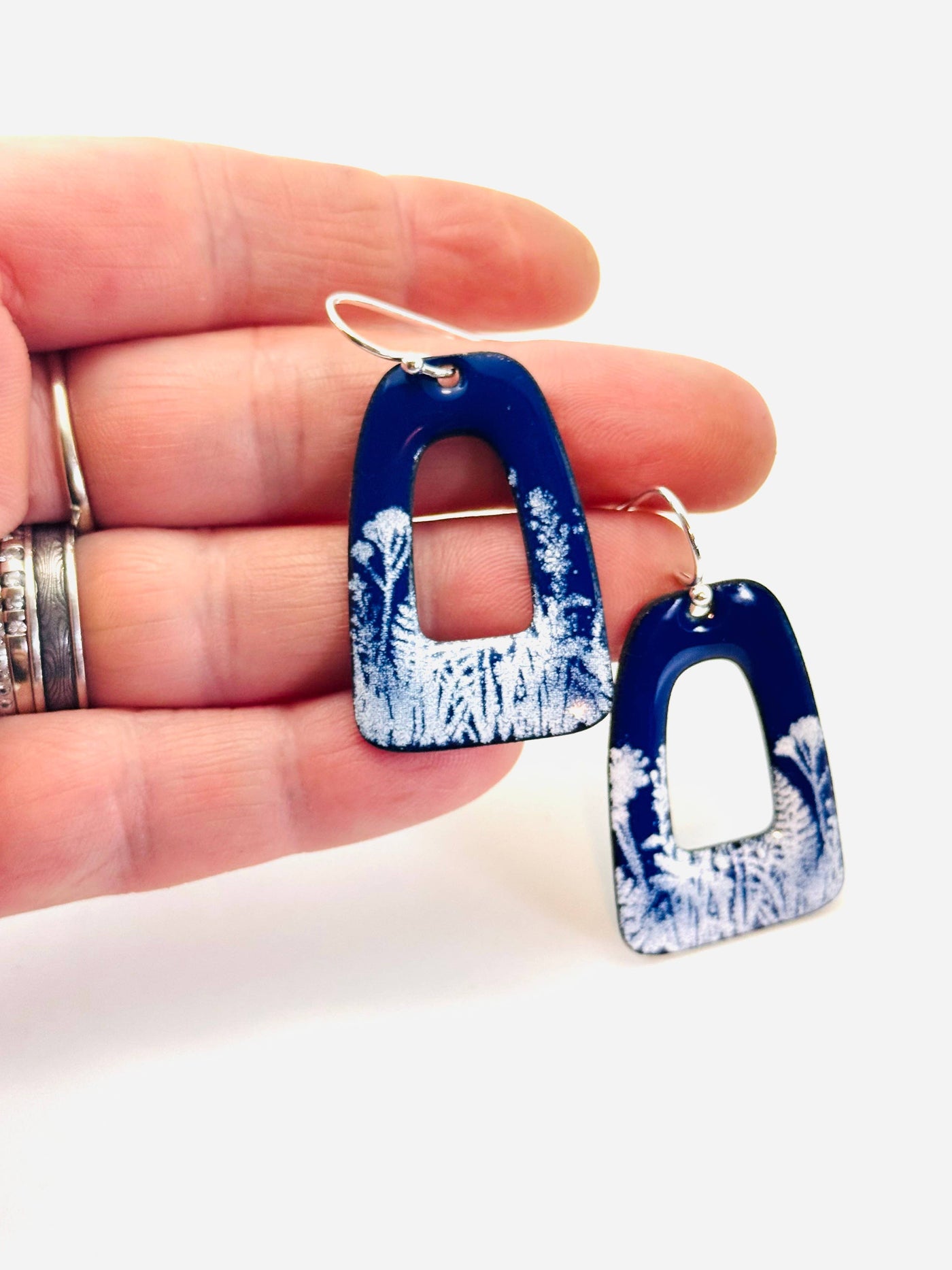 Retro Rectangle Earrings, Botanical Blue and White Enamel