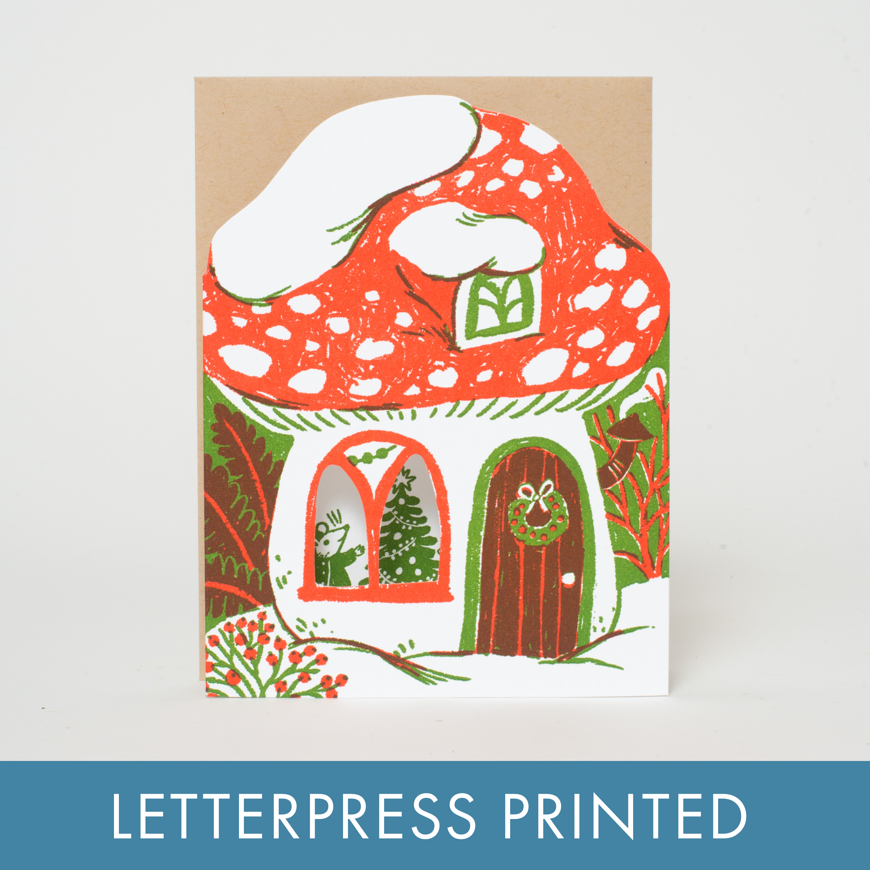Merry Mushroom House Holiday Card by Phoebe Wahl