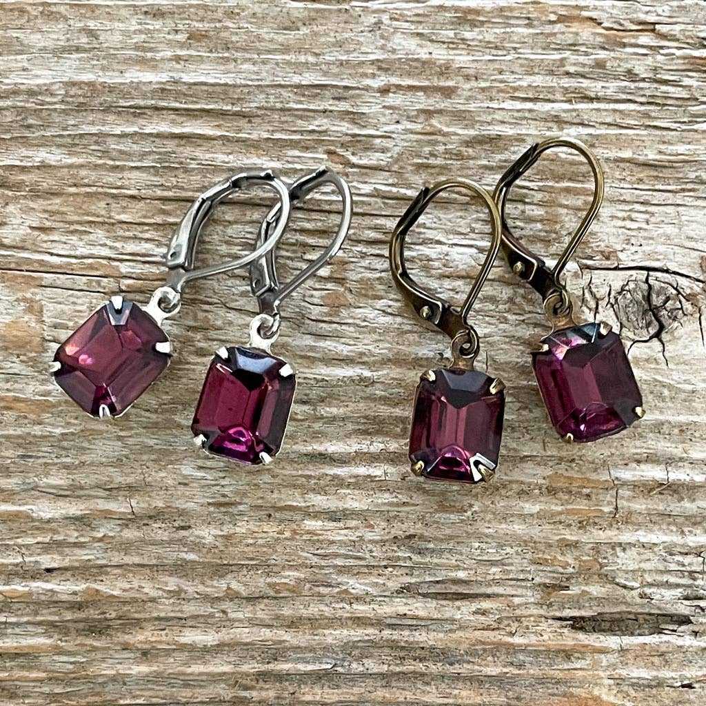 Amethyst Purple Vintage Rhinestone Earrings: Antiqued Brass