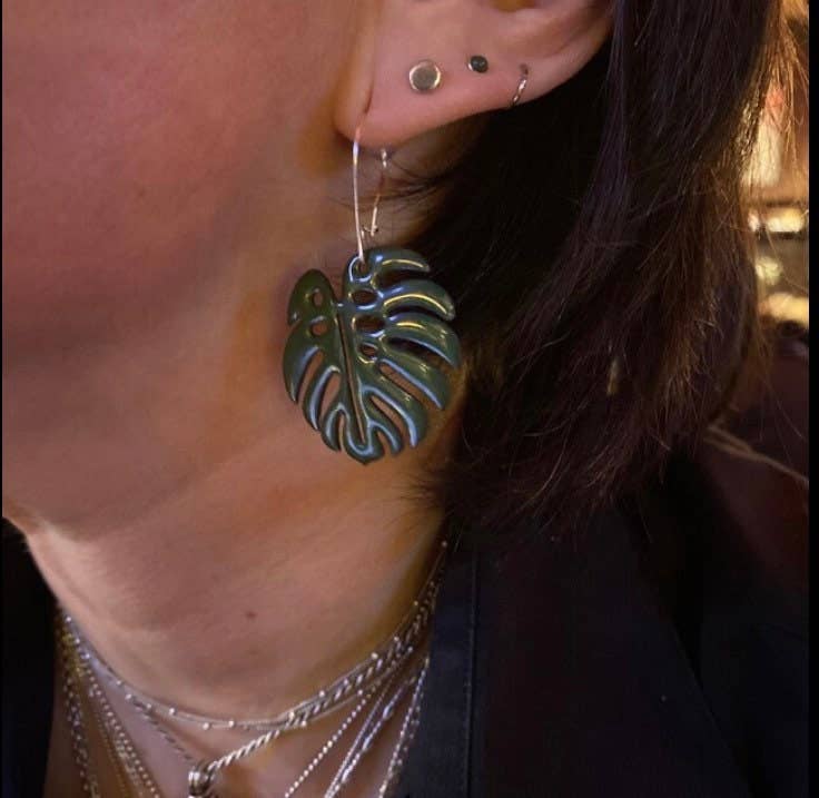 Handmade Monstera Leaf Enamel Earrings with Silver