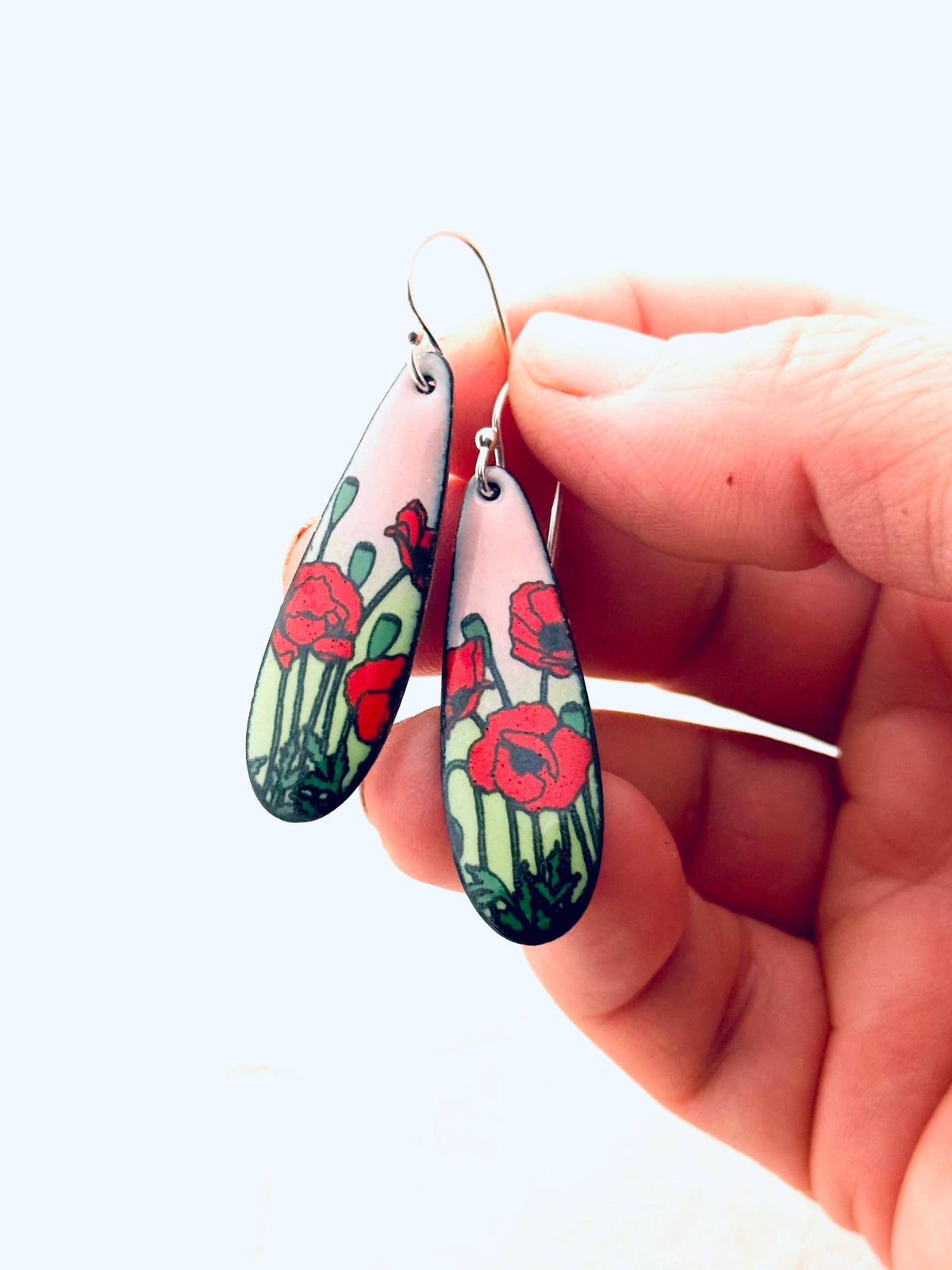 Long Teardrop Poppy Earrings, Pink and Green Enamel