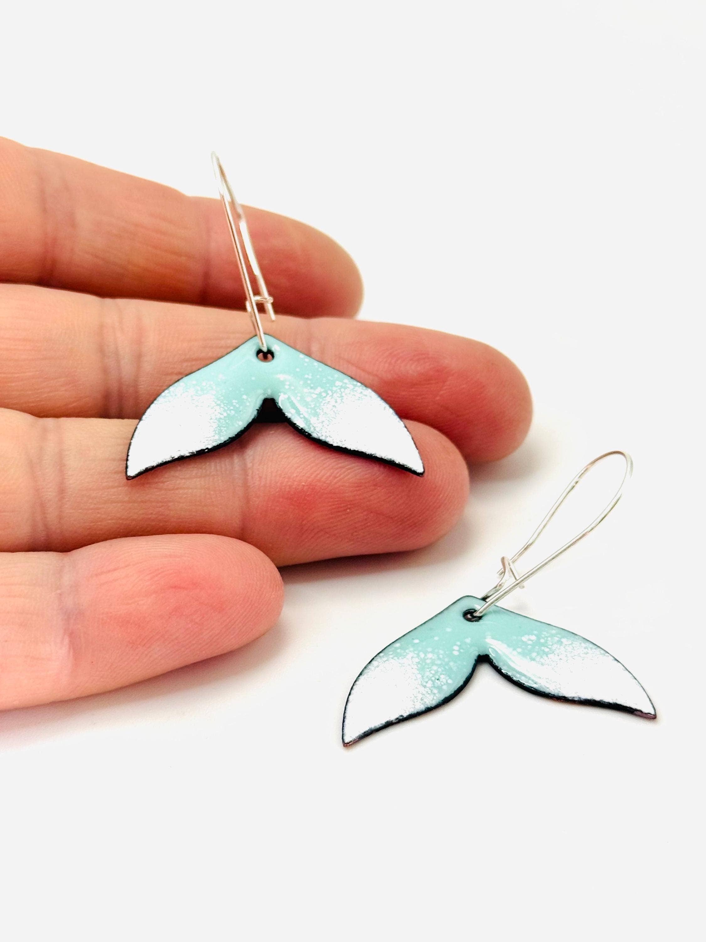Whale Tail Earrings, Robins Egg Blue and White Enamel