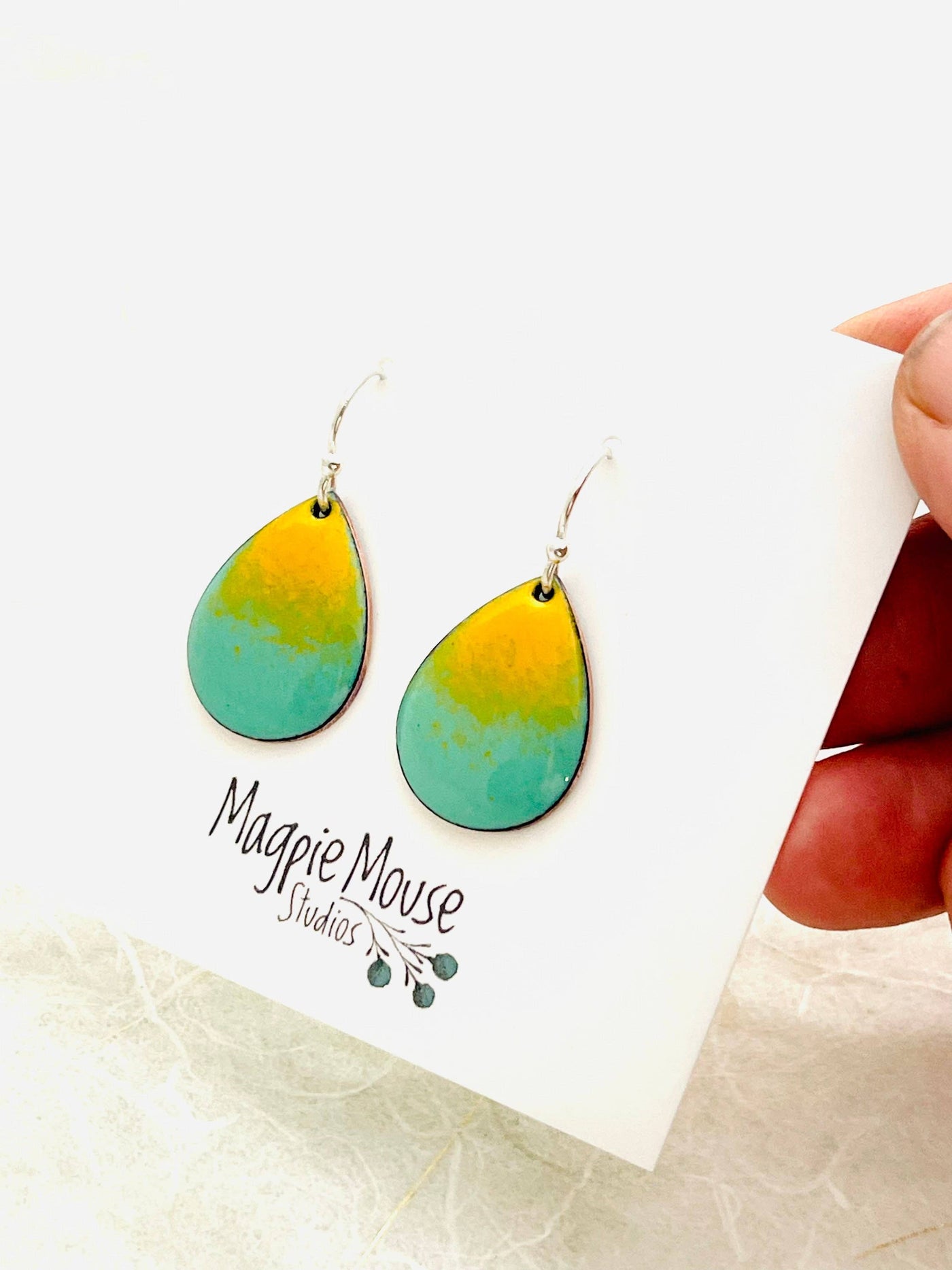 Mint Green & Yellow Small Enamel Teardrop Earrings