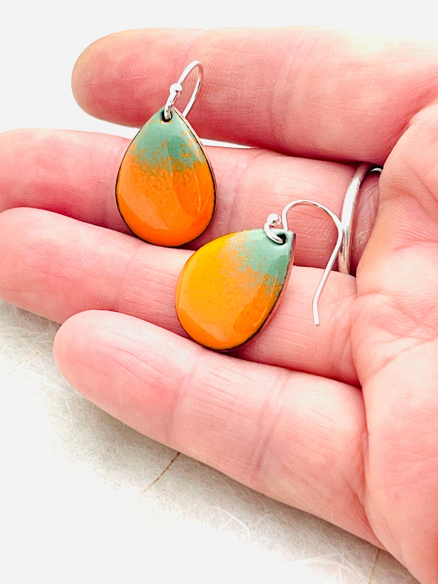 Small Teardrop Pumpkin Earrings, Pumpkin Orange Enamel