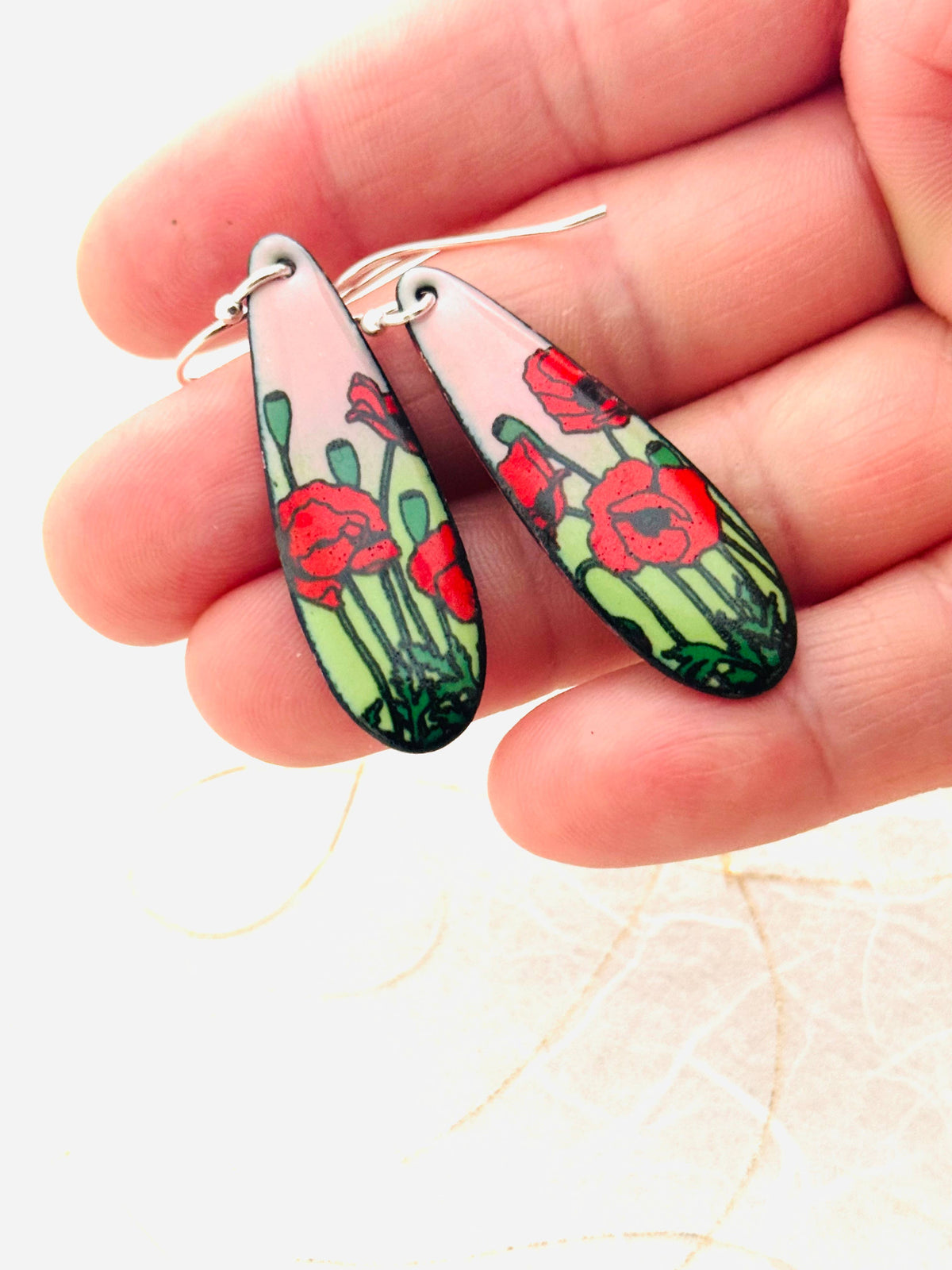 Long Teardrop Poppy Earrings, Pink and Green Enamel