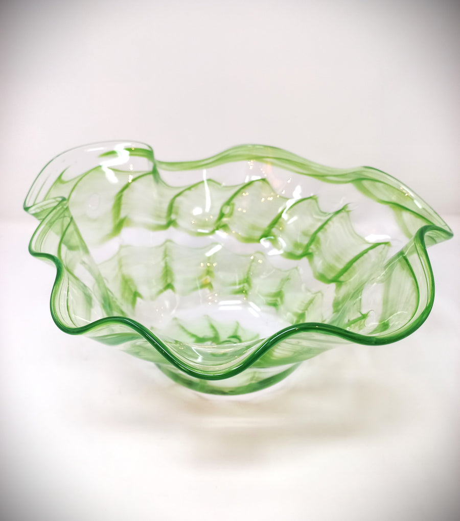 Green Ruffle Edge Blown Glass Bowl by Hilltop Artists