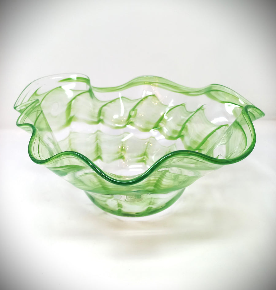 Green Ruffle Edge Blown Glass Bowl by Hilltop Artists