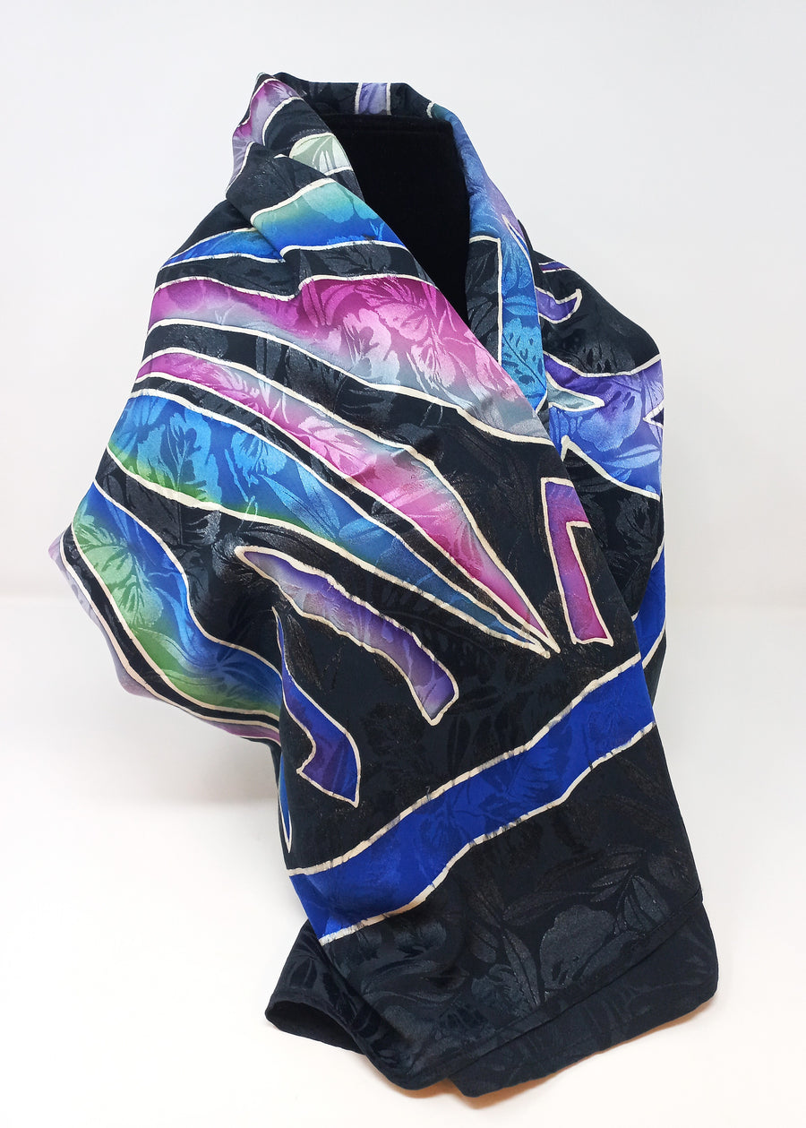 Flower on Black Hand-Painted Silk Scarf