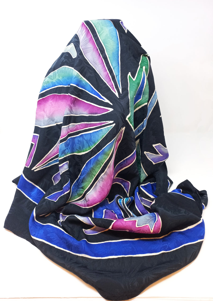 Flower on Black Hand-Painted Silk Scarf