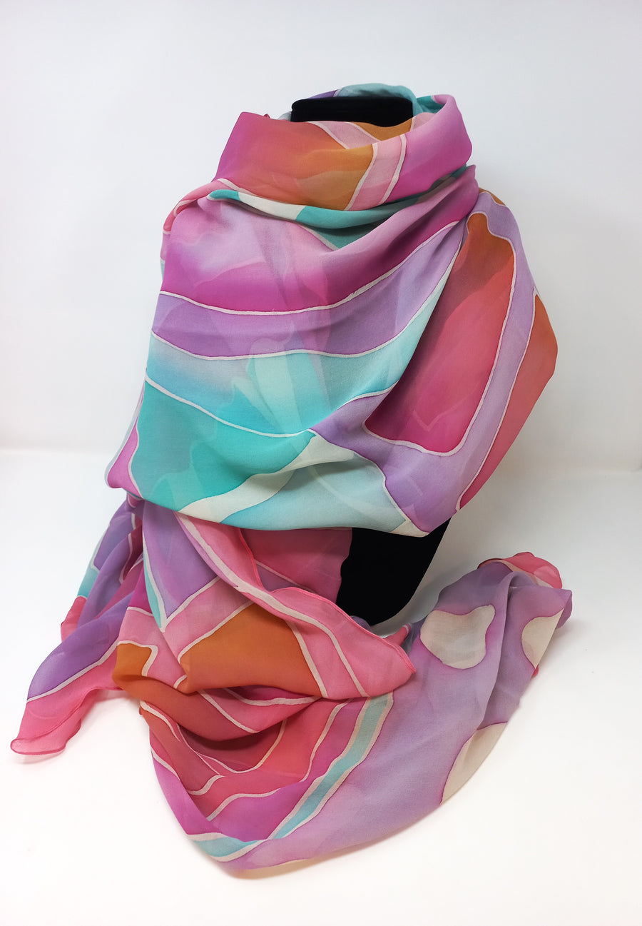 Pastel Butterfly Hand-Painted Silk Chiffon Scarf