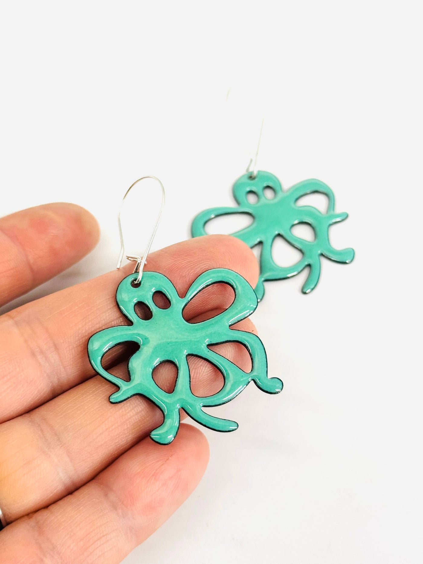 Octopus Earrings Large, Mint Green Enamel
