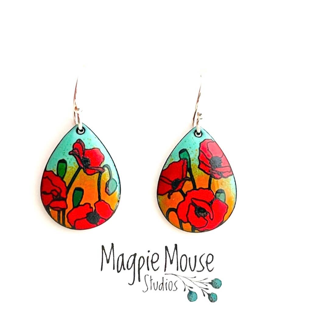 Mint Green and Orange Small Teardrop Poppy Earrings