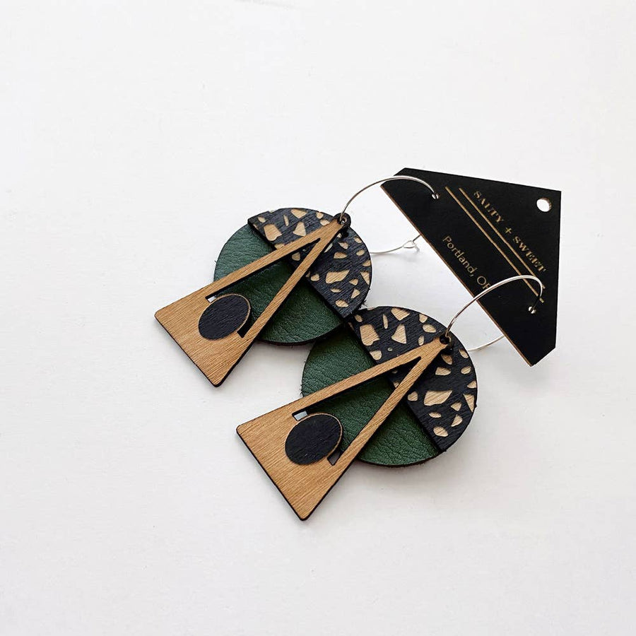 Architectural Leather + Birch earring: GEO Emerald Deco