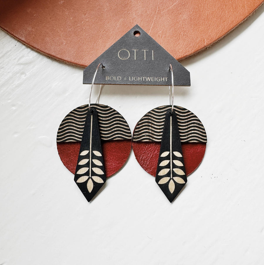 Architectural Leather + Birch earring: GEO Floral Waves: Green