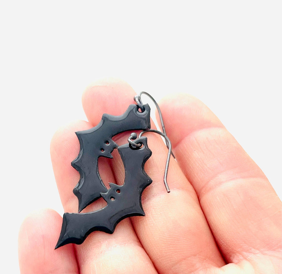 Black Bat Enamel Earrings with Sterling Silver Ear