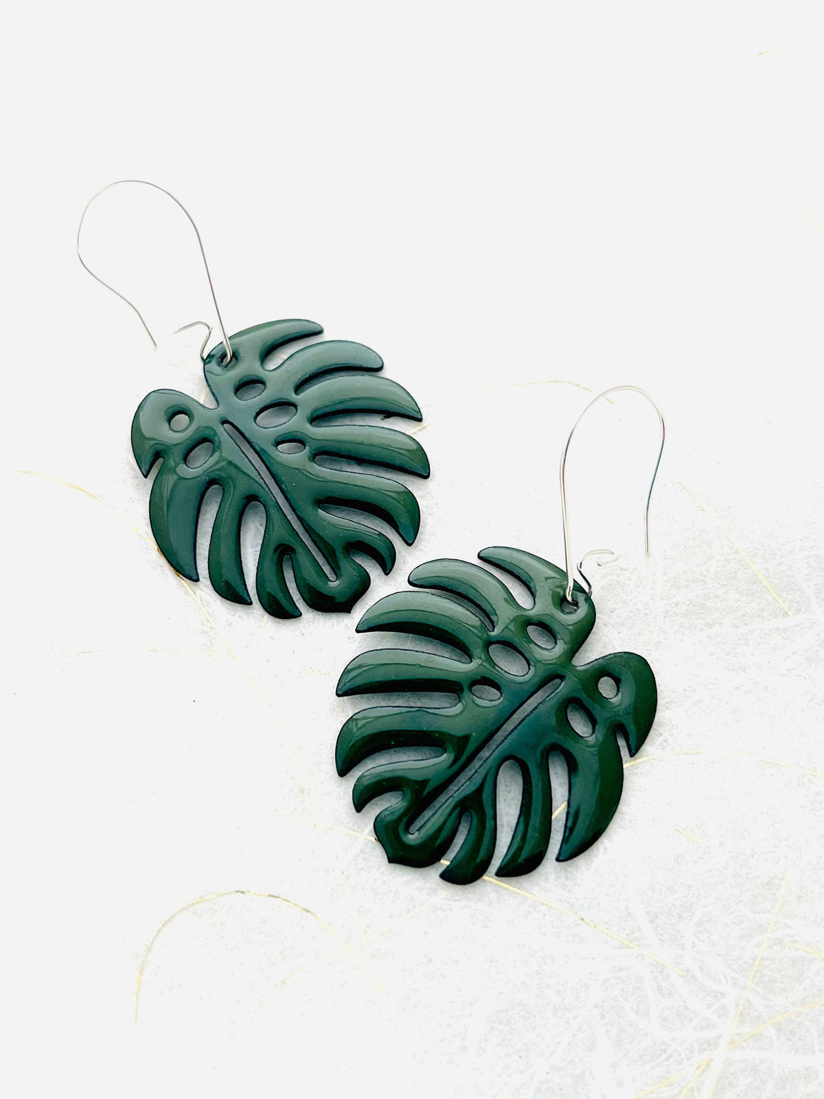 Handmade Monstera Leaf Enamel Earrings with Silver