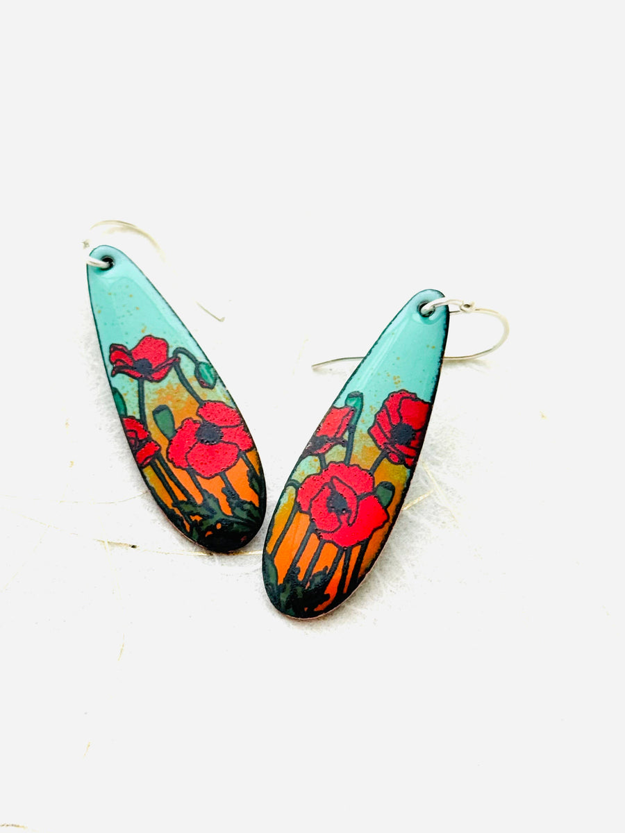 Long Teardrop Poppy Earrings, Mint Green & Orange Enamel