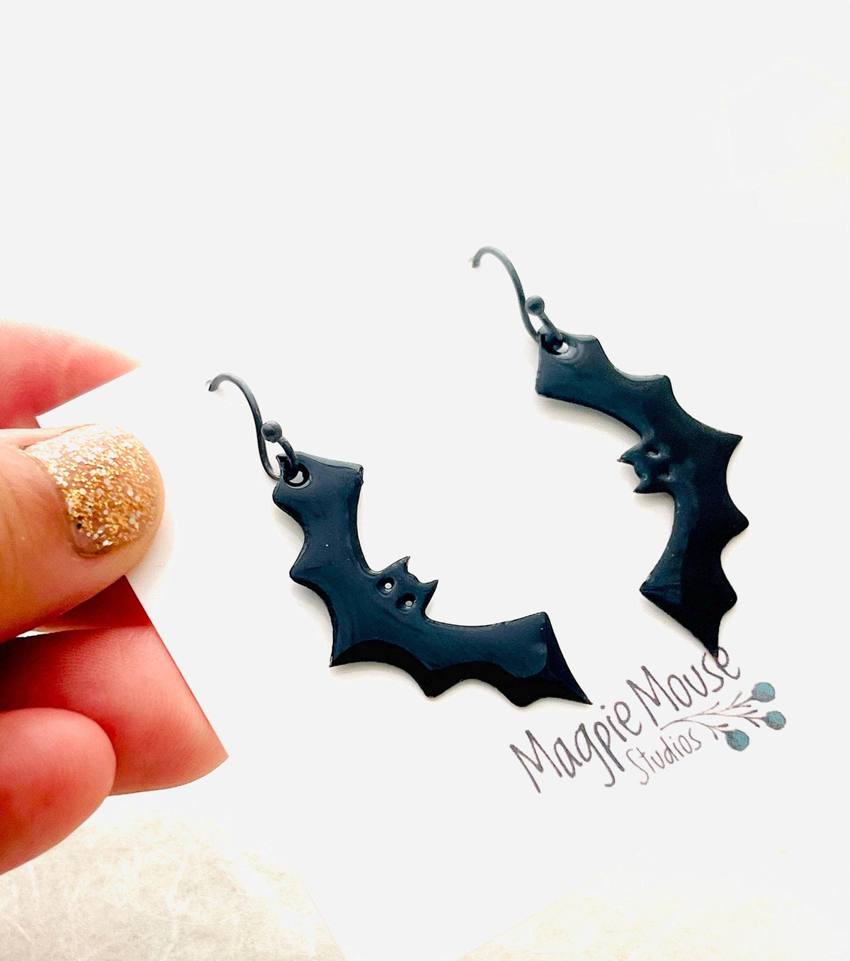 Black Bat Enamel Earrings with Sterling Silver Ear