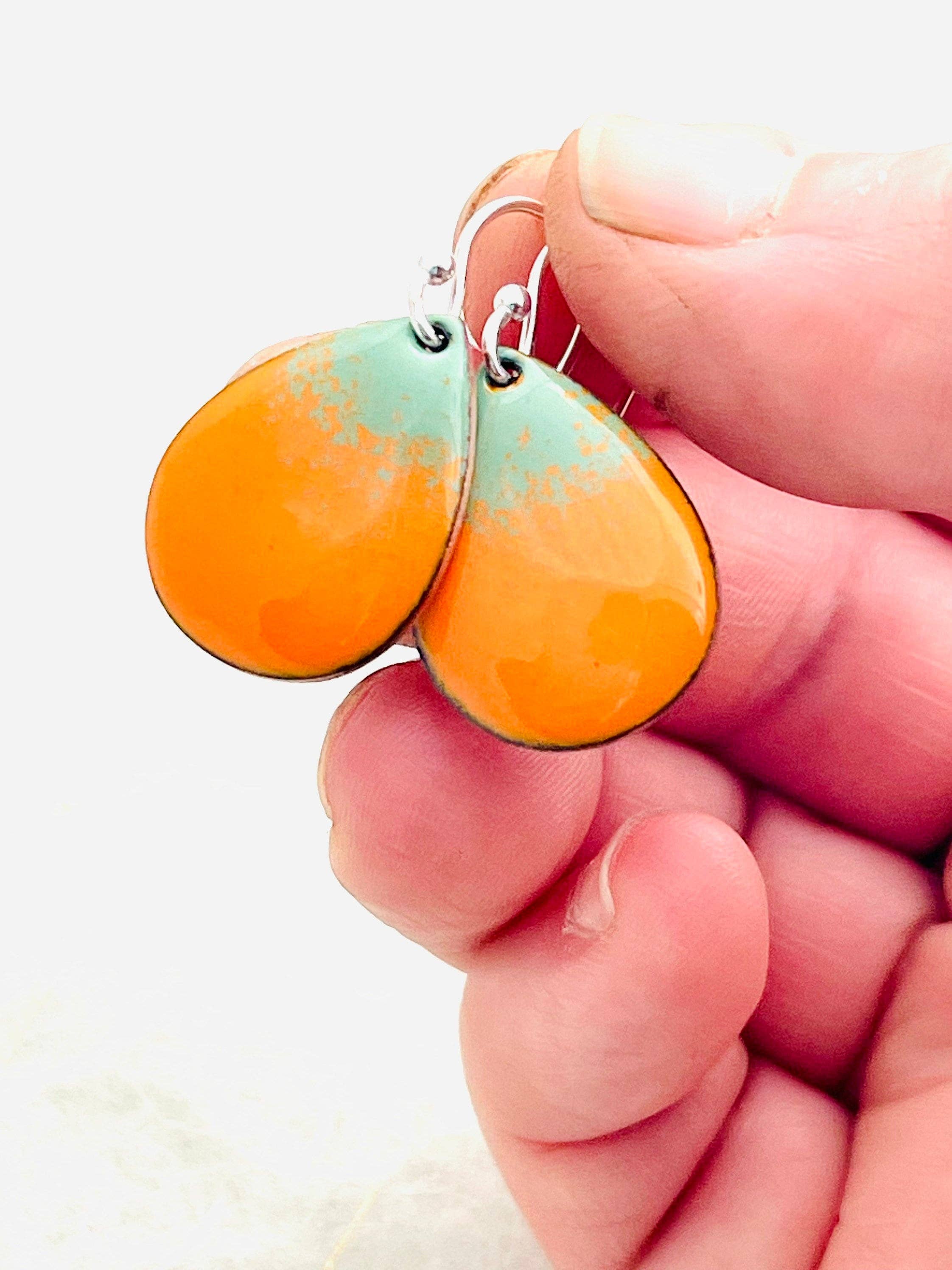 Small Teardrop Pumpkin Earrings, Pumpkin Orange Enamel