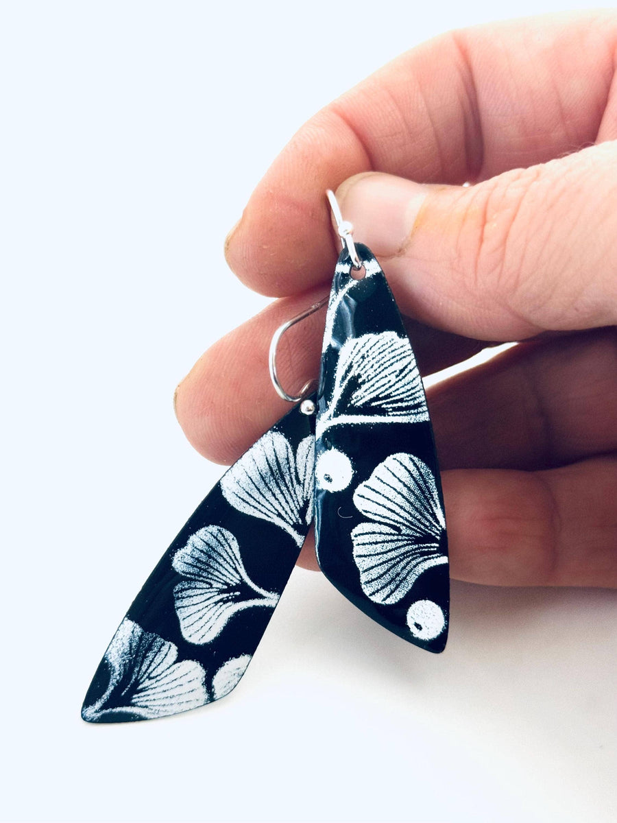 Black and White Ginkgo Leaf Earrings