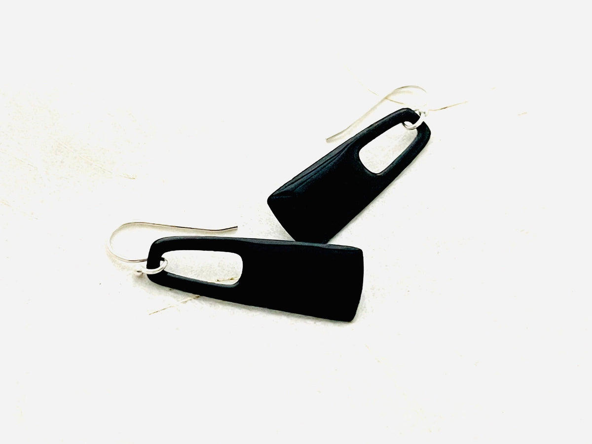 Handmade Black Enamel Rectangle Dangle Earrings