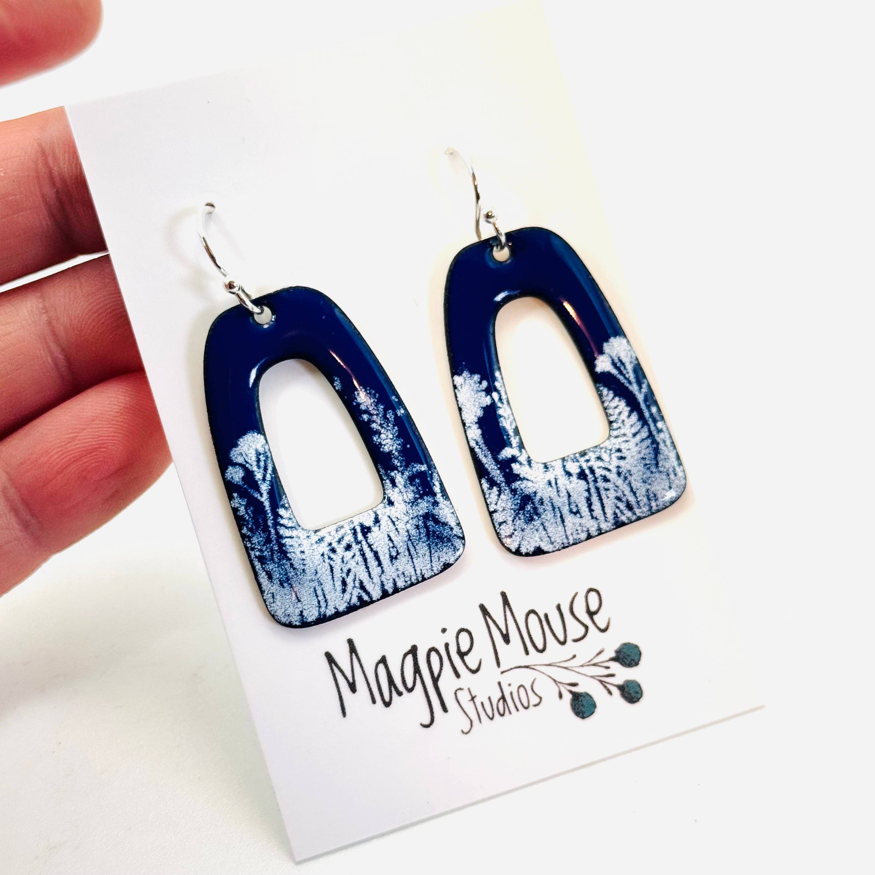 Retro Rectangle Earrings, Botanical Blue and White Enamel