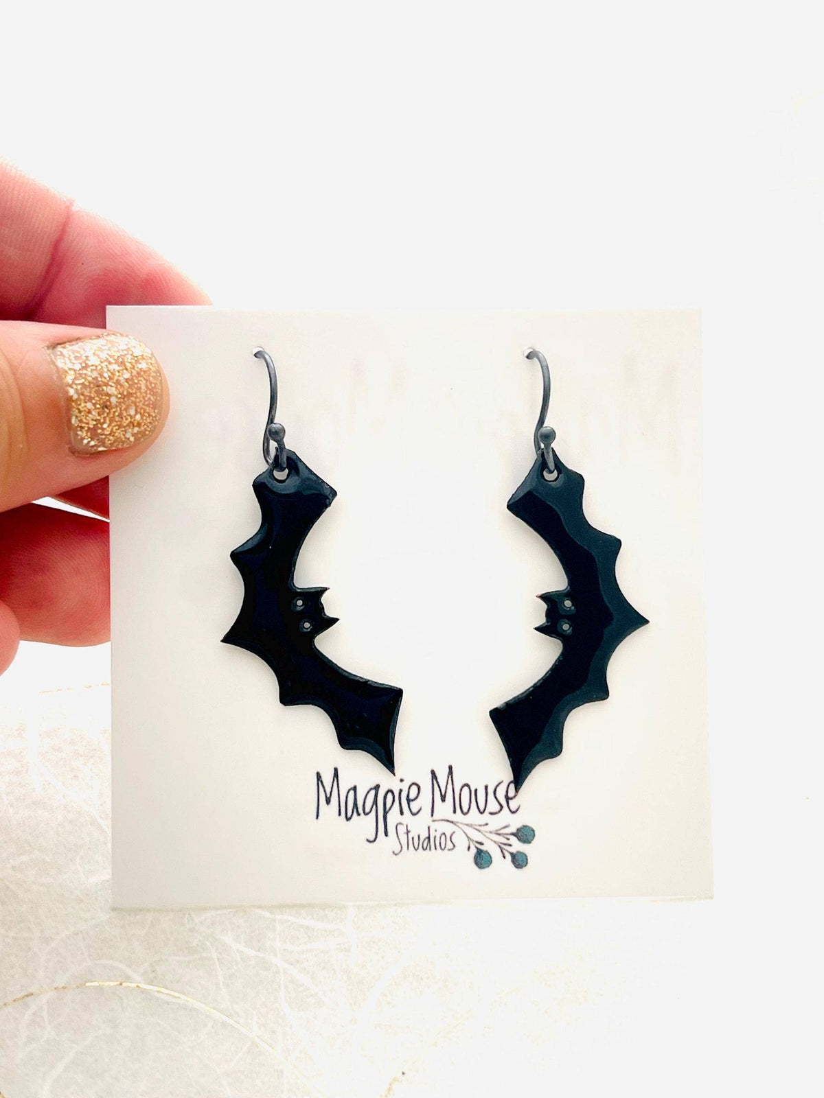Black Bat Enamel Earrings with Sterling Silver Ear
