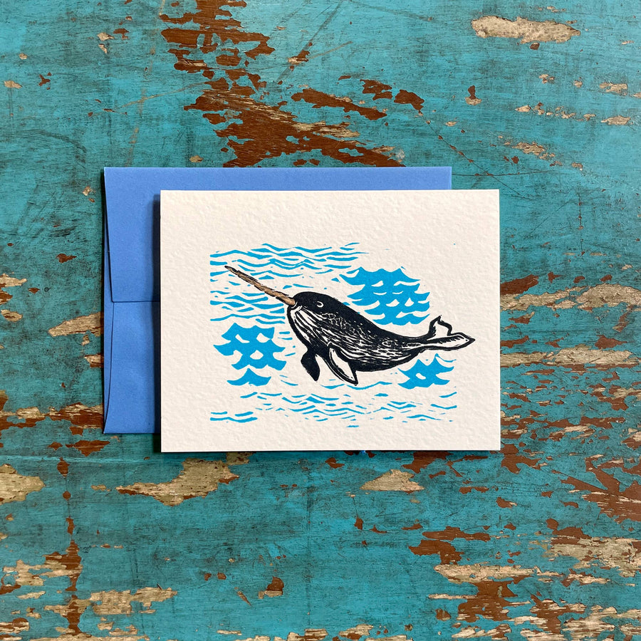 Narwhal letterpress linocut blank card
