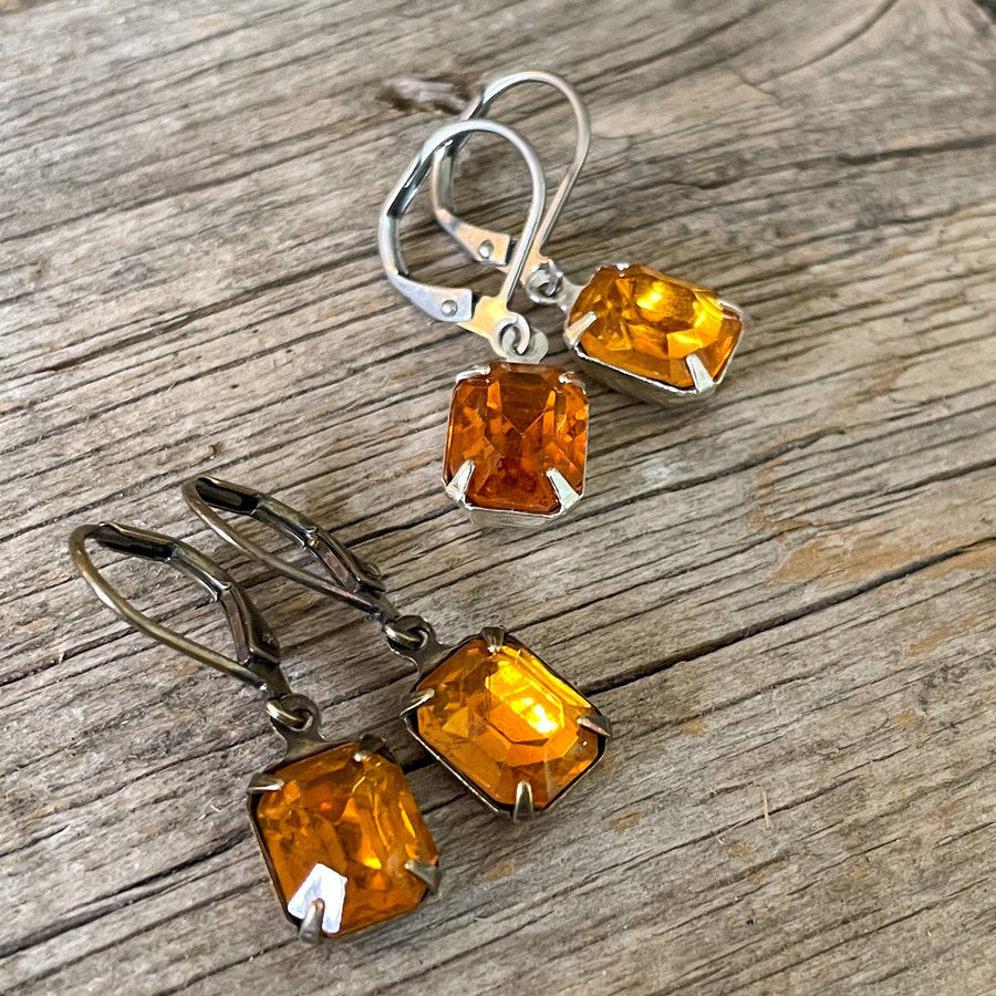 Orange Topaz Vintage Glass Rhinestone Earrings: Surgical Stainless Steel