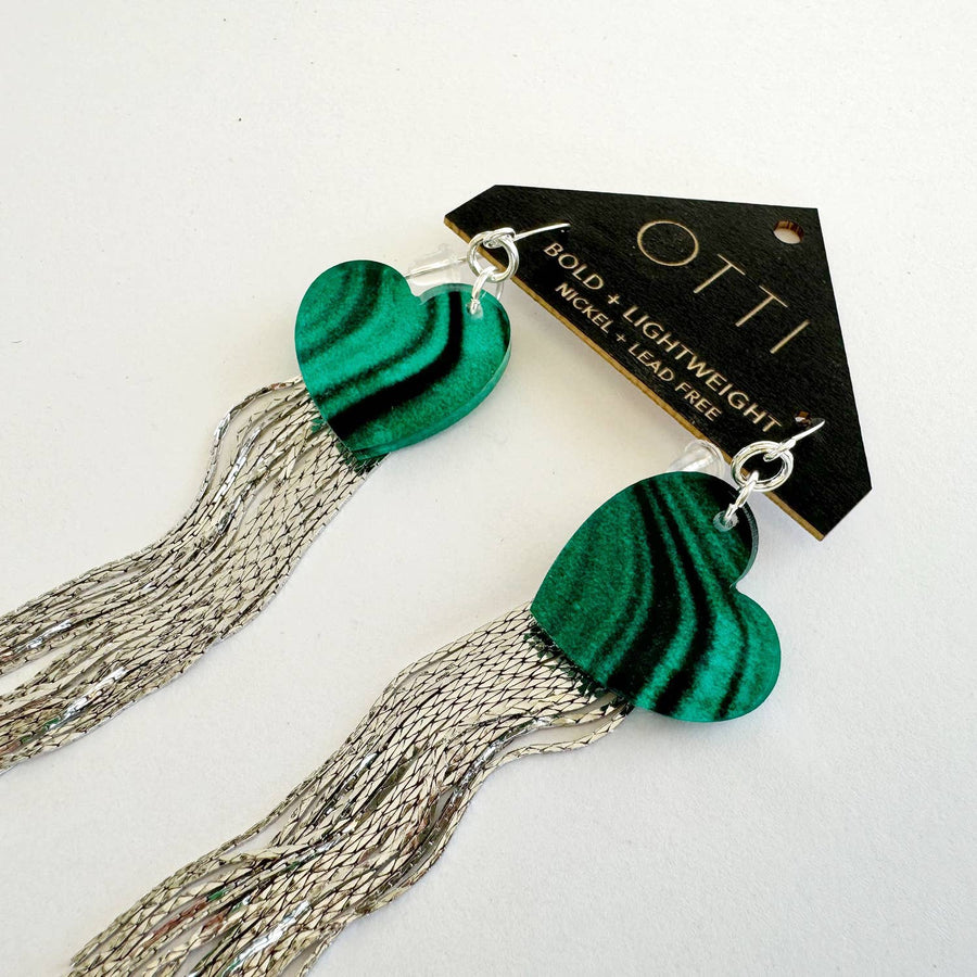 Silver Glamour Fringe earring: Malachite + Silver