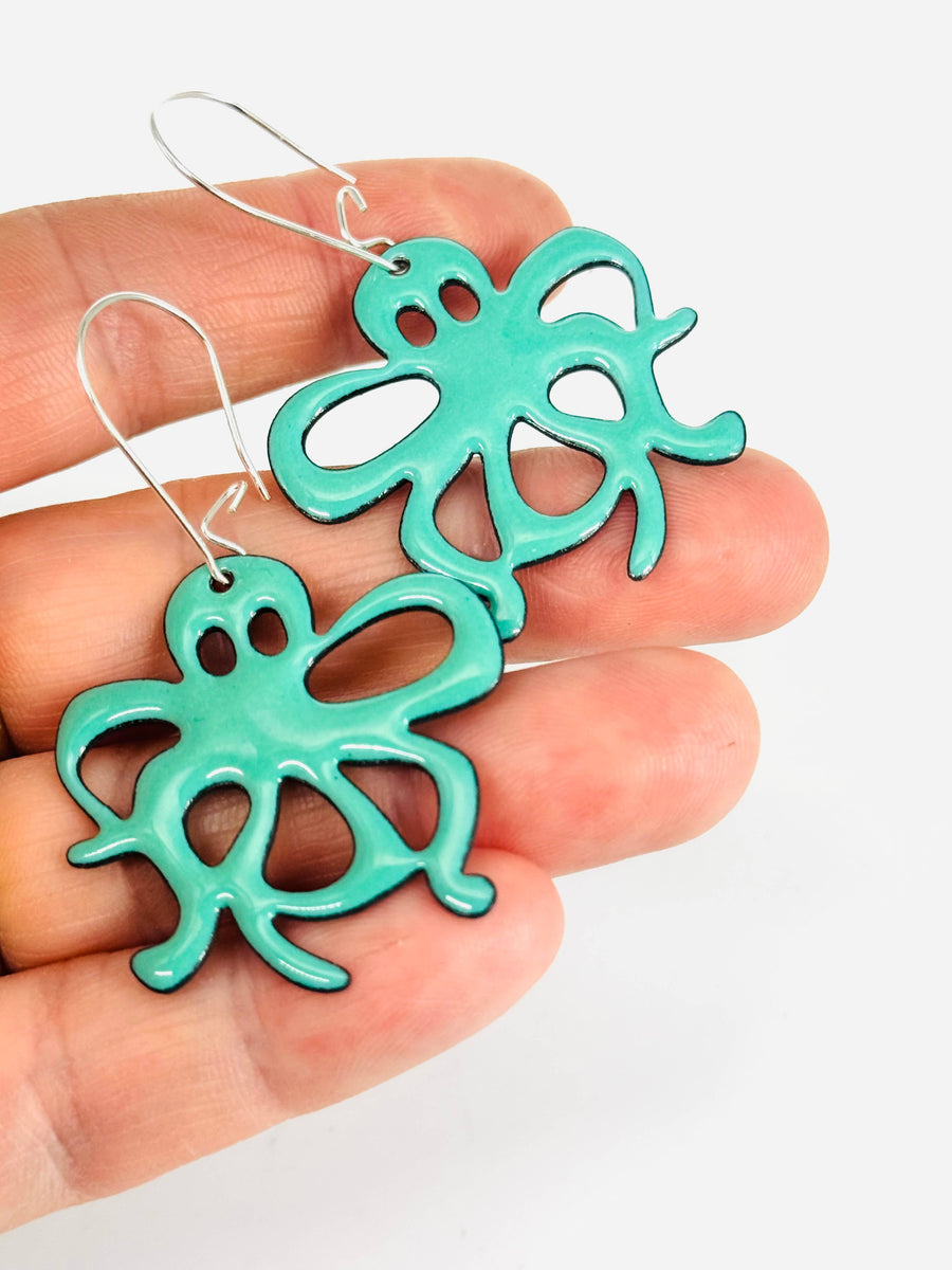 Octopus Earrings Large, Mint Green Enamel