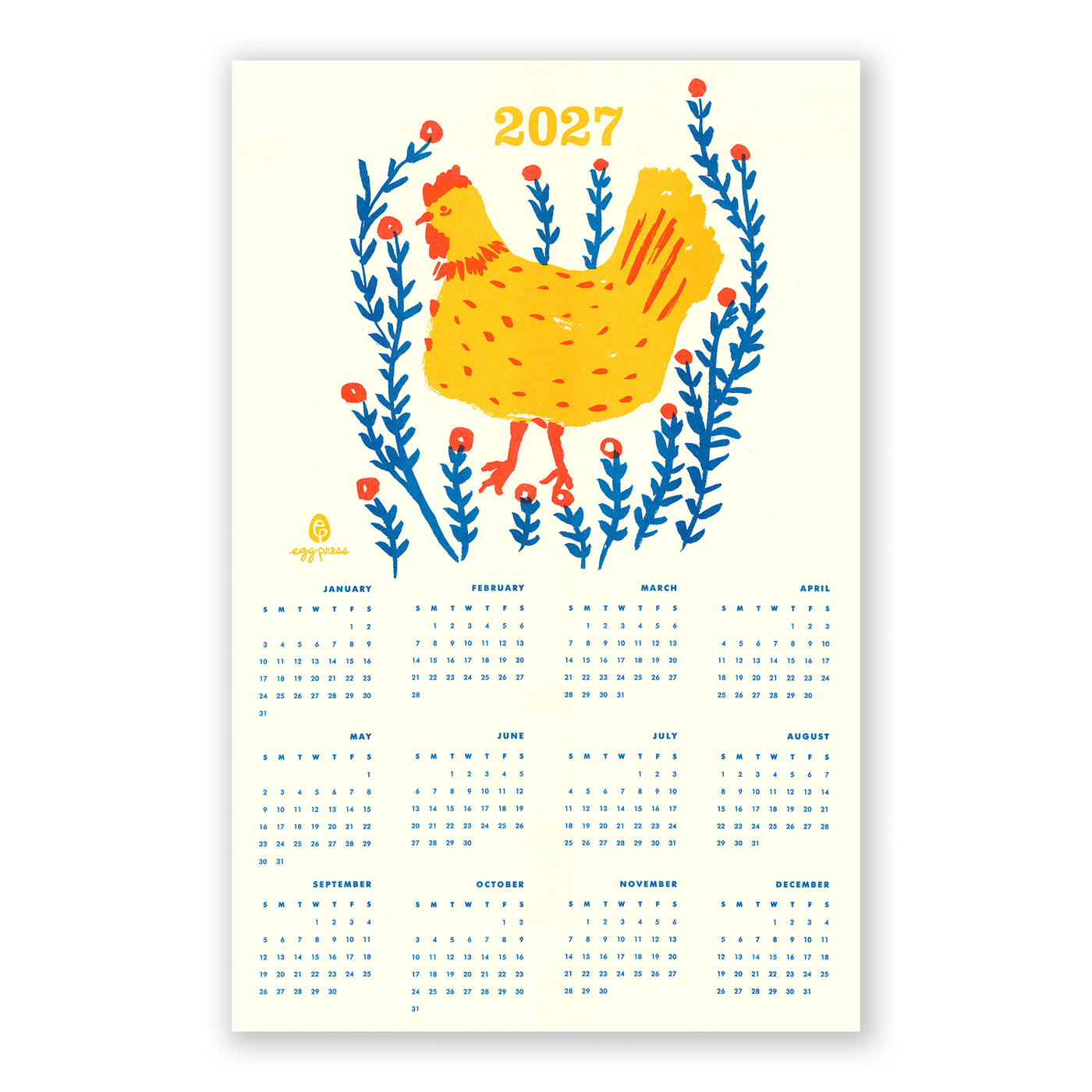 Chicken 2027 Calendar Illustrated Risograph Print