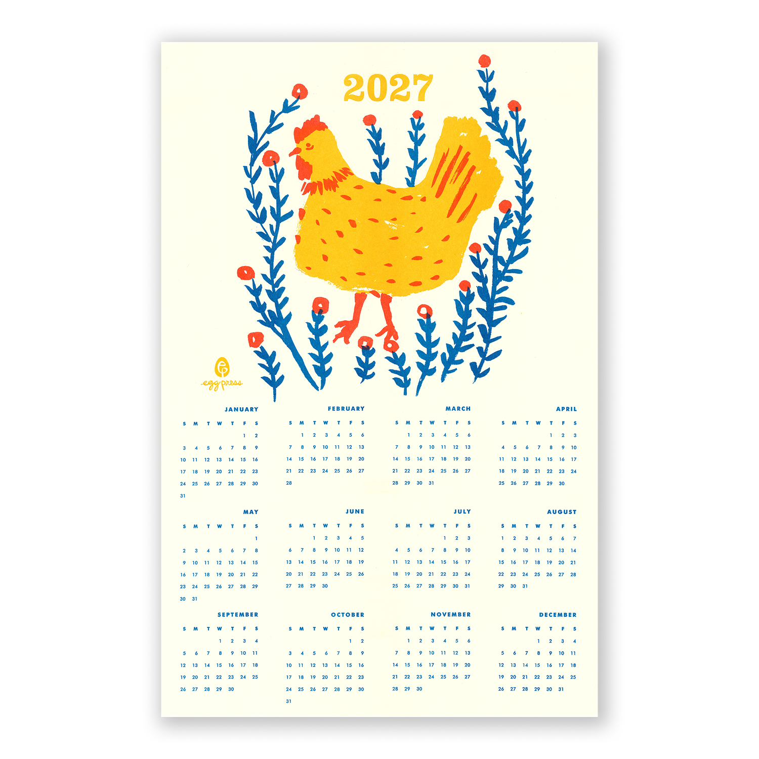 Chicken 2027 Calendar Illustrated Risograph Print