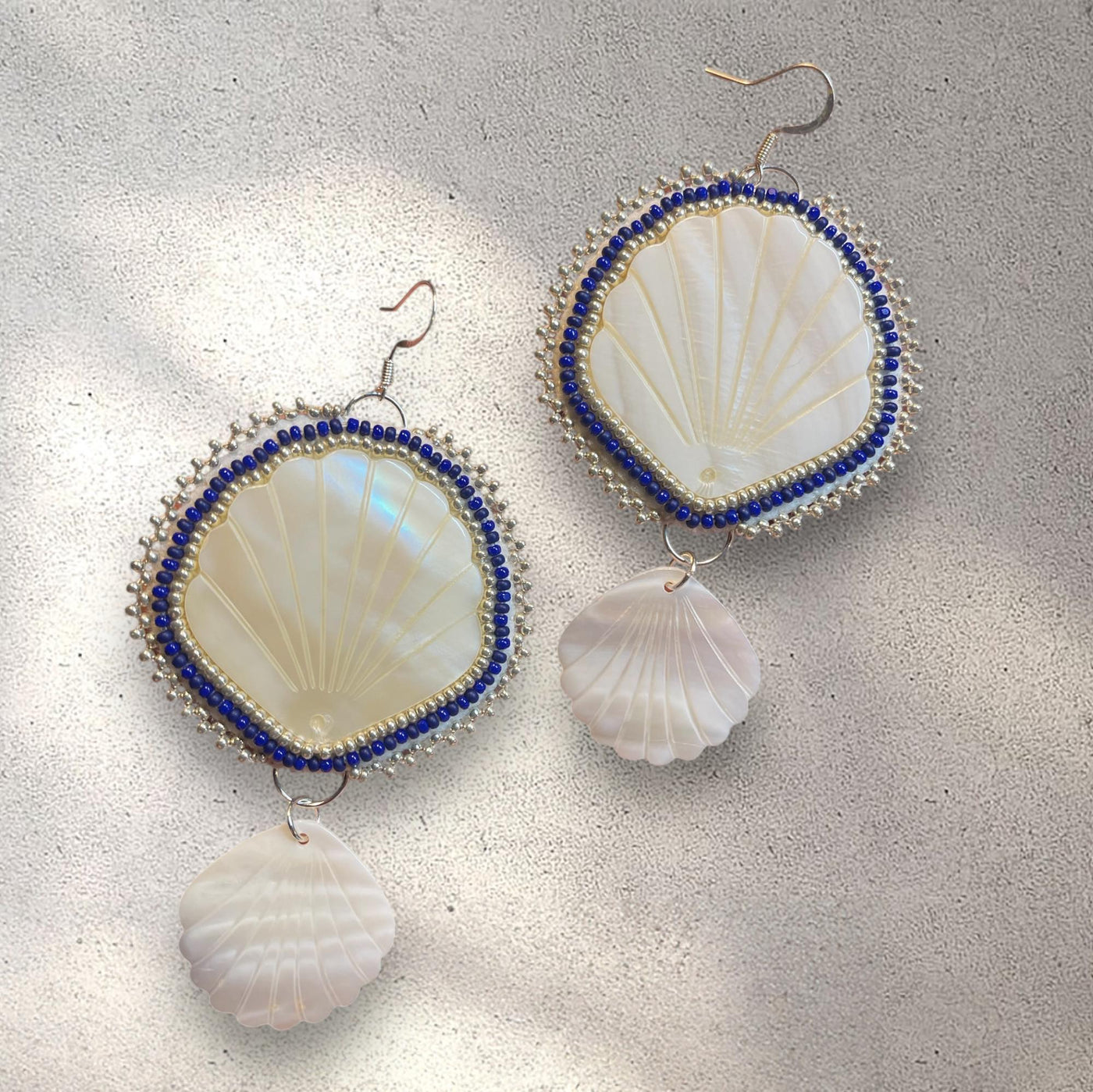 Large Beaded Seashell Earrings in Blue by Jo Citlali