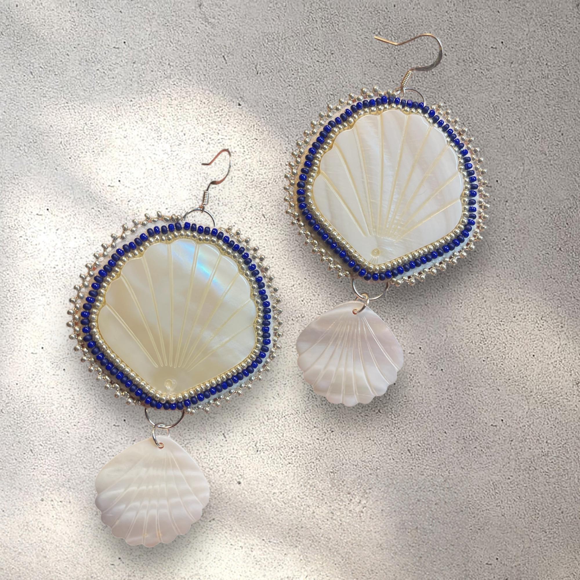 Large Beaded Seashell Earrings in Blue by Jo Citlali