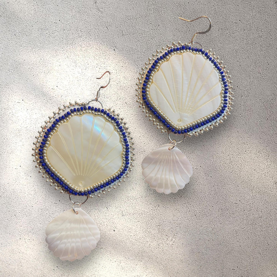 Large Beaded Seashell Earrings in Blue by Jo Citlali