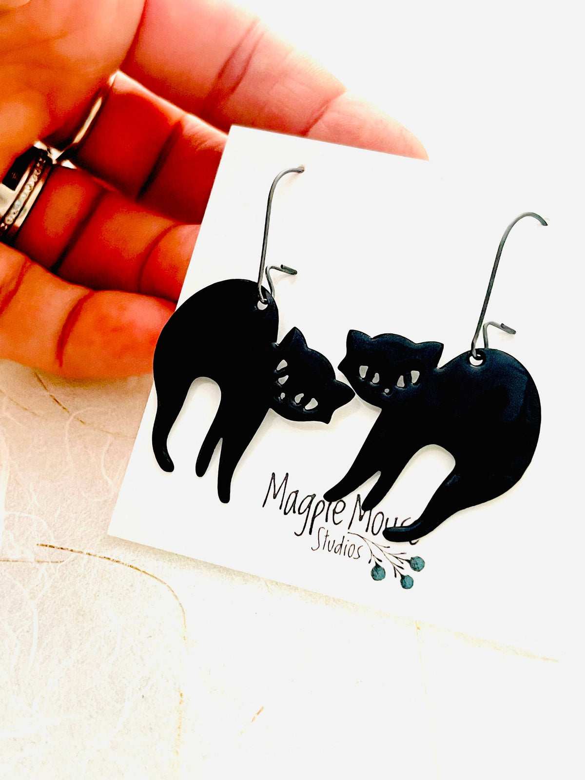 Black Cat Earrings, Black Enamel Glass Earrings