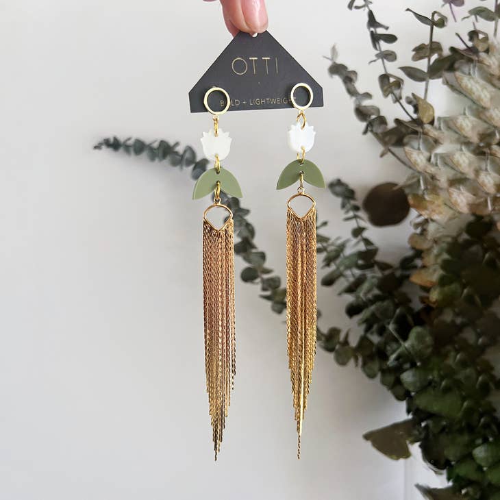 Botanical-Inspired Lightweight Acrylic Earring: Gold Fringe