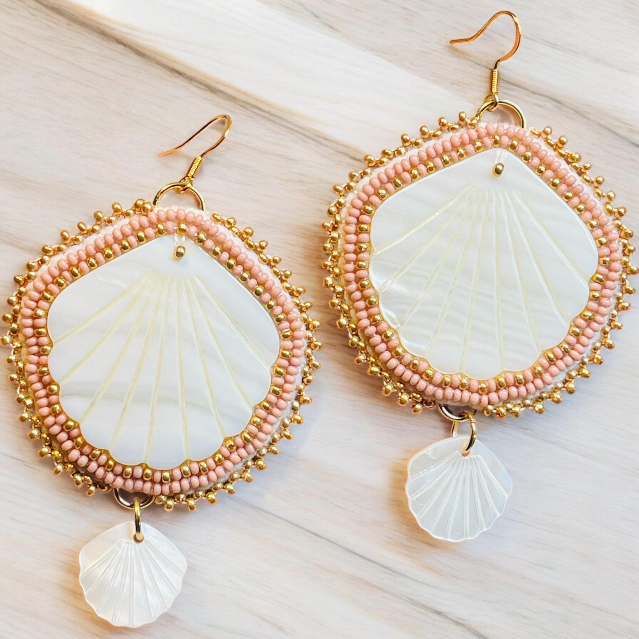 Large Beaded Seashell Earrings in Pink by Jo Citlali