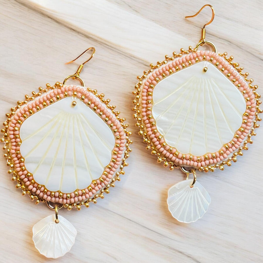 Large Beaded Seashell Earrings in Pink by Jo Citlali