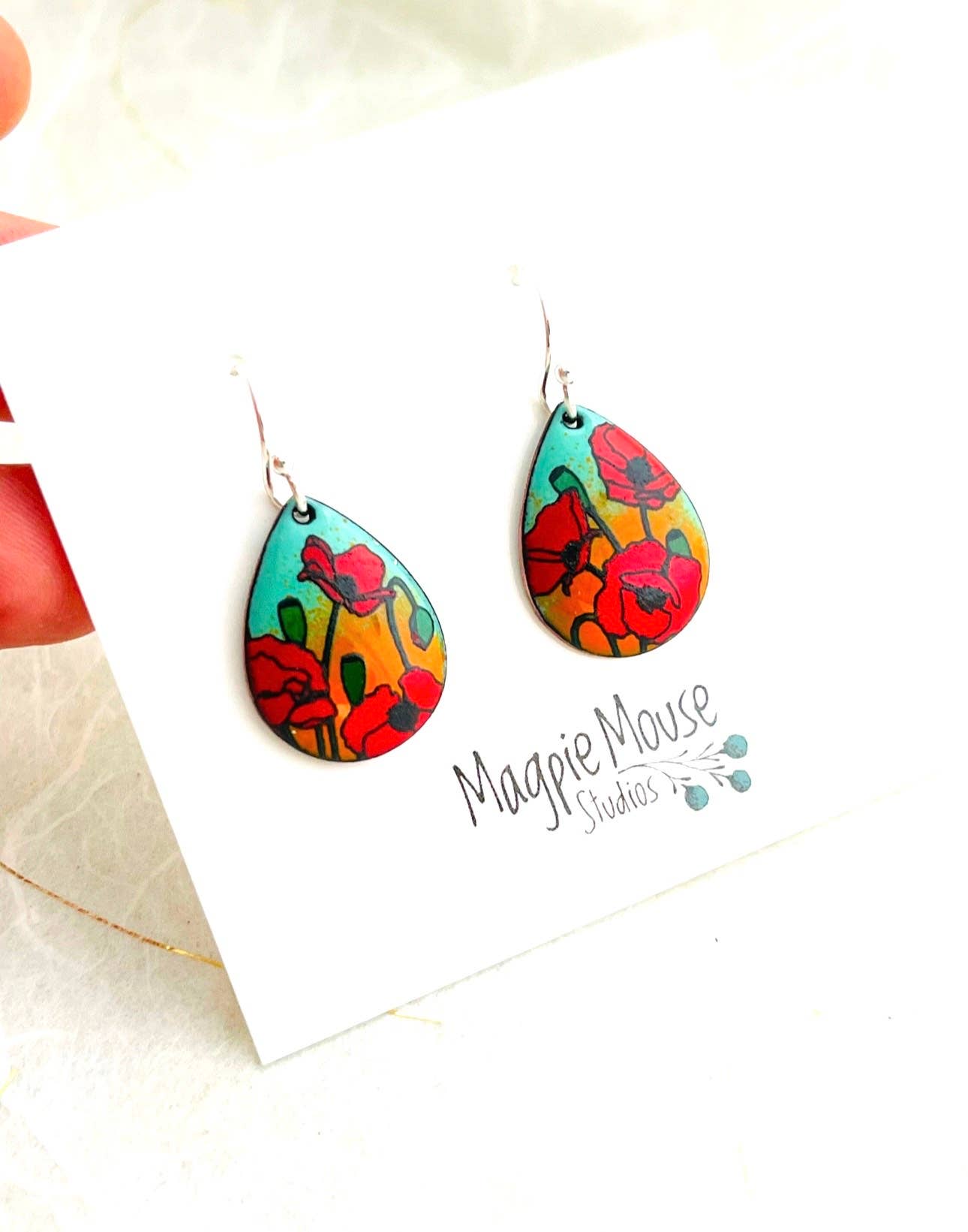 Mint Green and Orange Small Teardrop Poppy Earrings