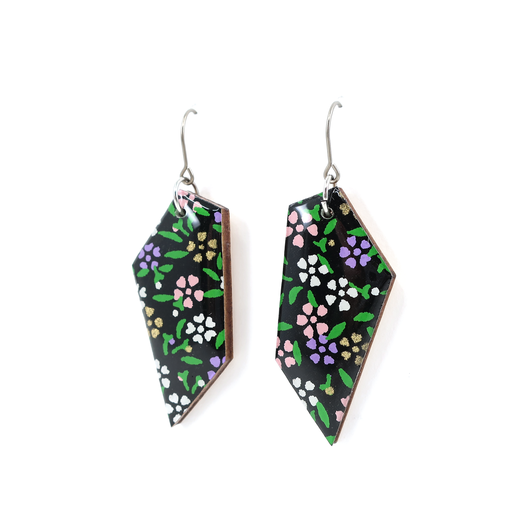 Floral Turquoise Blue Asymmetry Pentagon Japanese Paper Earrings