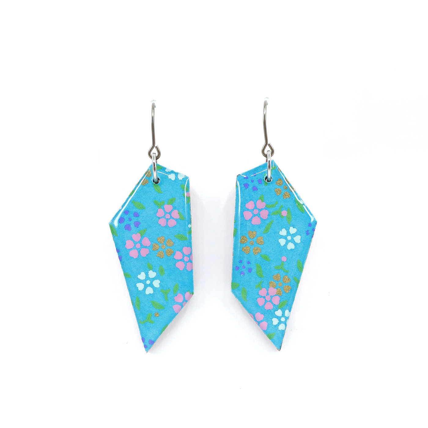 Floral Turquoise Blue Asymmetry Pentagon Japanese Paper Earrings