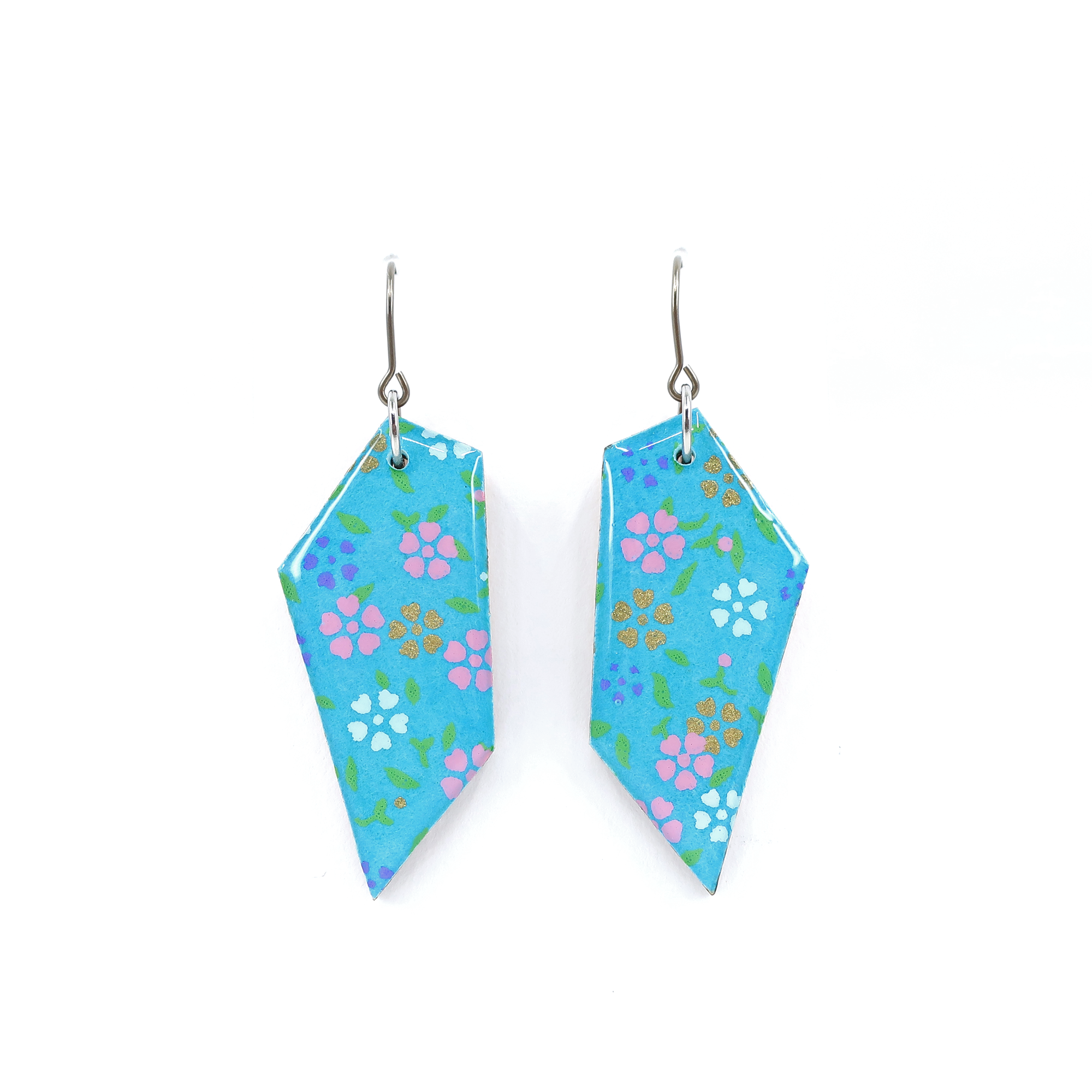 Floral Turquoise Blue Asymmetry Pentagon Japanese Paper Earrings